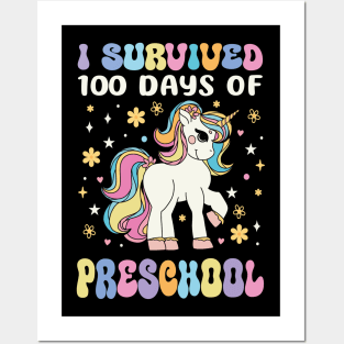 I Survived 100 Days of Preschool Groovy Unicorn Girl Teacher Posters and Art